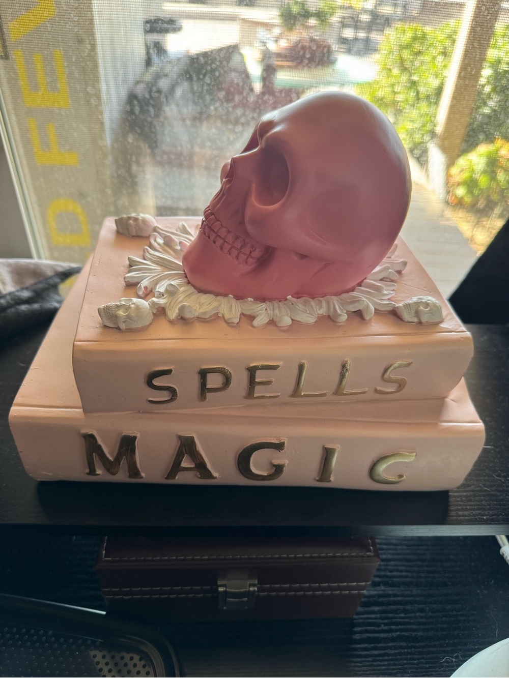 Pink Skull Book Stack magic spell book Halloween decor